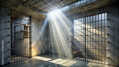 Distressed metal bars and concrete walls of a jail cell with a splash of sunlight