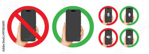 Mobile Phone Usage Signs. Allowance and Prohibition Symbols, Plus Mic and Speaker On and Off Icons - Vector Illustration