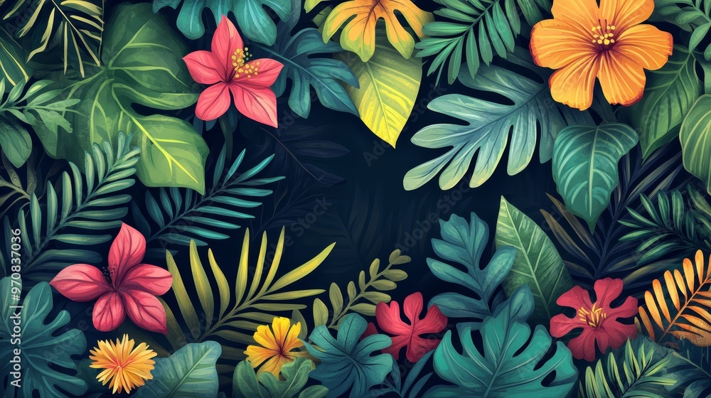 Tropical Leaves and Flowers Frame with Dark Background Tropical Leaves and Flowers Frame with Dark Background
