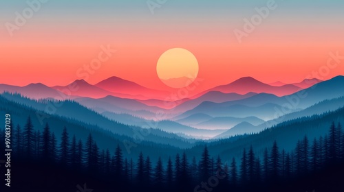 Sunset Over Mountains with Silhouettes of Trees