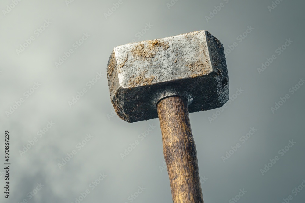 A Close-up of a Worn-Down Sledgehammer Against a Grey Sky A Close-up of a Worn-Down Sledgehammer Against a Grey Sky