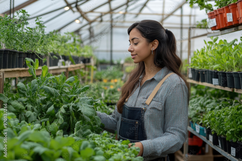 An image of a woman standing in a greenhouse, surrounded by plants in various stages of growth. She is inspecting leafy greens on a shelf, wearing a plaid shirt and denim overalls. An image of a woman standing in a greenhouse, surrounded by plants in various stages of growth. She is inspecting leafy greens on a shelf, wearing a plaid shirt and denim overalls.