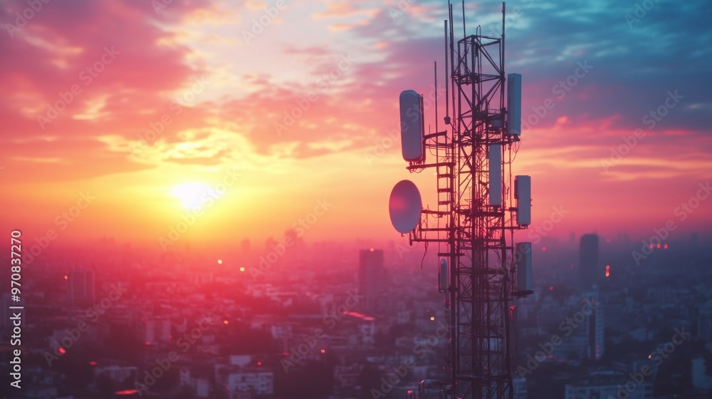 Naklejka premium Communication Tower at Sunset Over a Cityscape