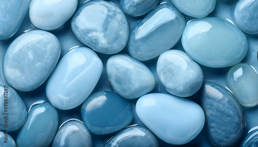 Wet pebbles in shades of blue, forming seamless glossy surface. Top view. Wet pebbles in shades of blue, forming seamless glossy surface. Top view.