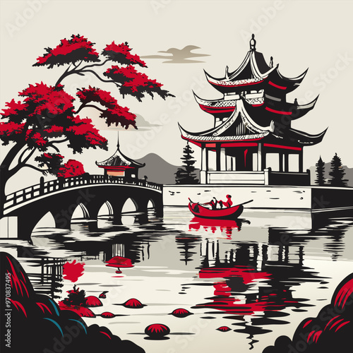 Breathtaking Illustration of a Tranquil Chinese Lakeside with Majestic Pagoda Temples and Stone Bridge