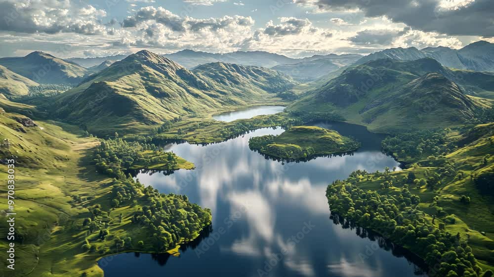 A serene landscape featuring mountains, a lake, and lush greenery under a cloudy sky. A serene landscape featuring mountains, a lake, and lush greenery under a cloudy sky.
