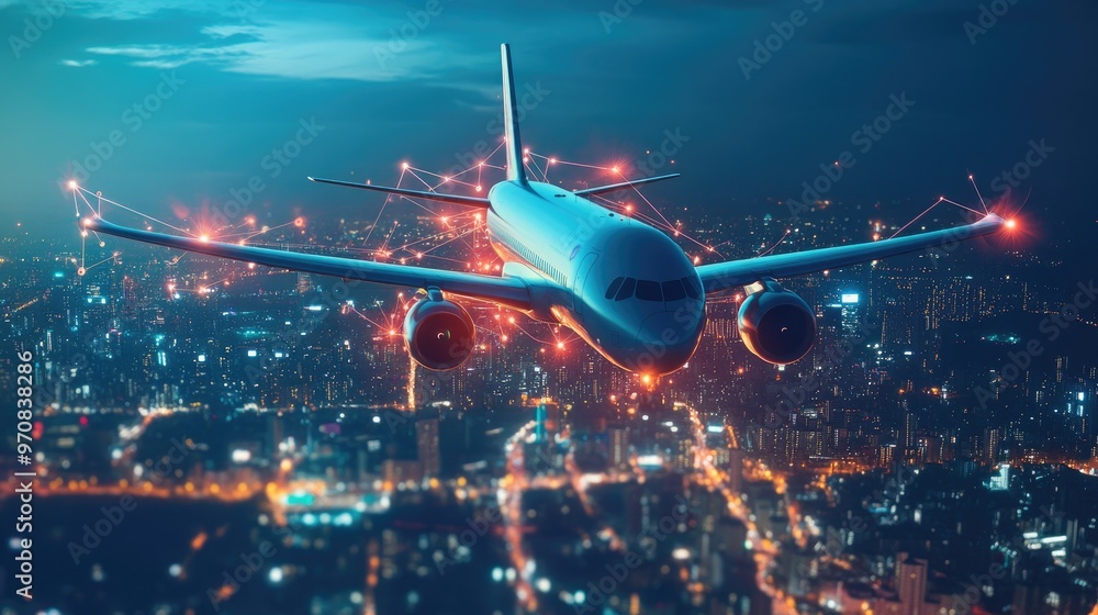 Airplane flying over a city at night with glowing lines connecting it to the cityscape. Airplane flying over a city at night with glowing lines connecting it to the cityscape.