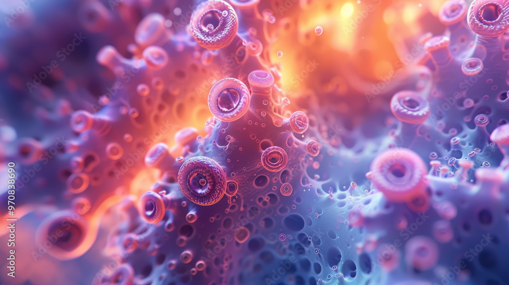 Abstract microscopic image of cells in motion, showcasing vibrant colors and intricate details. dynamic patterns evoke sense of wonder and curiosity about microscopic world Abstract microscopic image of cells in motion, showcasing vibrant colors and intricate details. dynamic patterns evoke sense of wonder and curiosity about microscopic world