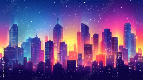 Neon City Skyline with Stars at Night