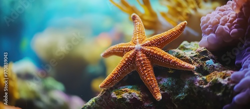 A vibrant starfish on a coral reef showcasing marine life. photo