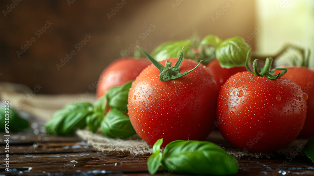 Dewy Tomatoes on a Wooden Table. Generative AI Dewy Tomatoes on a Wooden Table. Generative AI