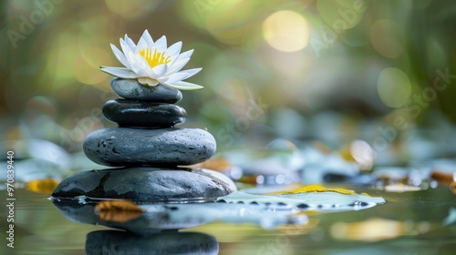 Small zen stacking stones piled in balanced with white lotus flower on top