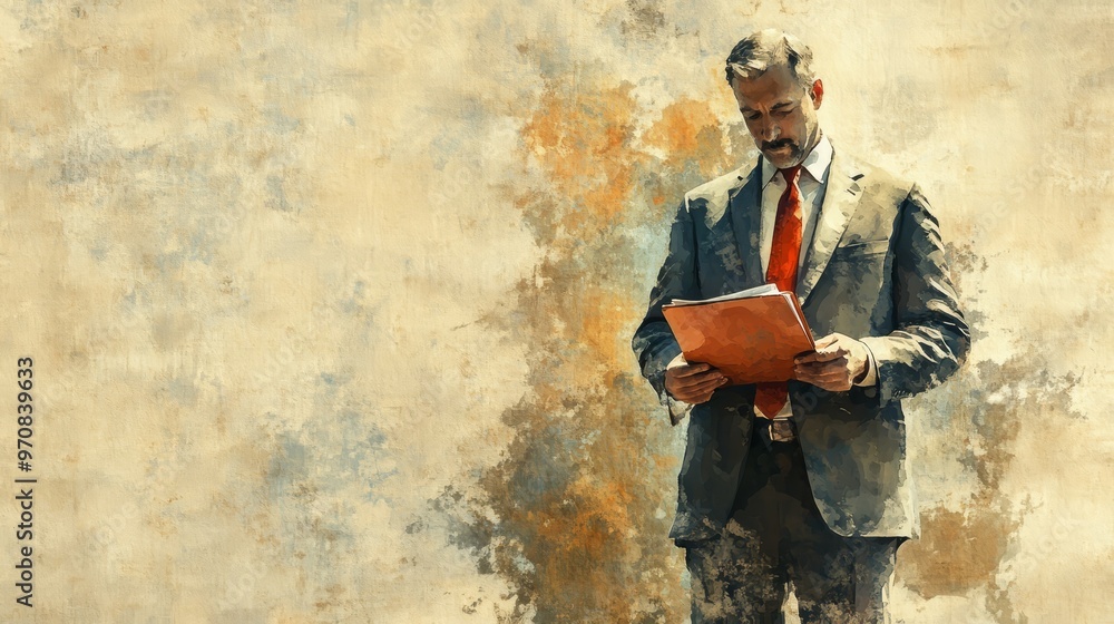 Fototapeta premium Businessman Reading Folder in Watercolor Style
