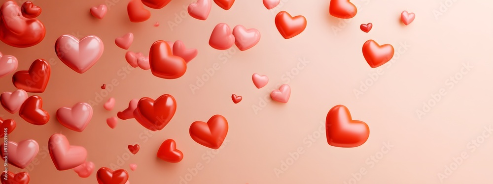 Valentine's Day background on a peach-colored surface with copy space. Cute red and pink hearts are flying in motion, with a soft tone and a cute style for a love concept Valentine's Day background on a peach-colored surface with copy space. Cute red and pink hearts are flying in motion, with a soft tone and a cute style for a love concept