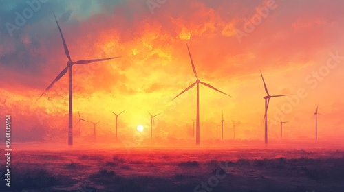 Row of wind turbines, isolated desert, warm sunset glow, watercolor style