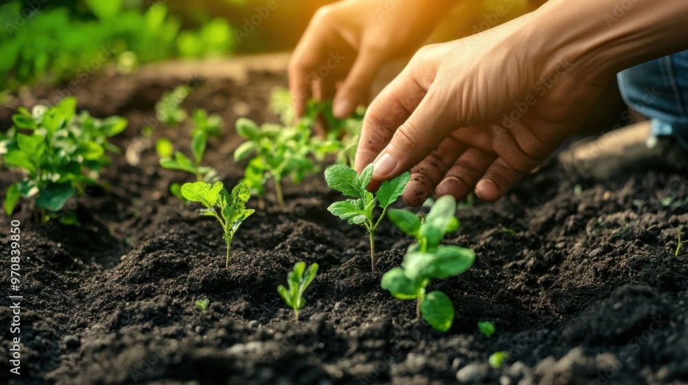 A person is planting a garden with a hand A person is planting a garden with a hand