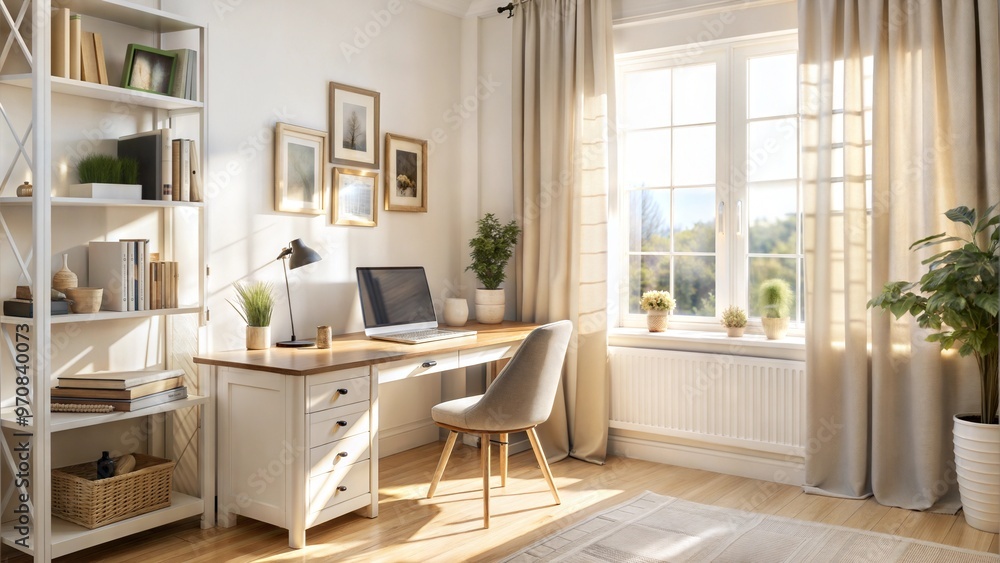 Fototapeta premium Modern home office interior with stylish desk, computer, and natural light from the window