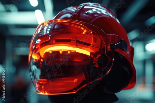 Red Hard Hat with Transparent Visor and Glowing Lights