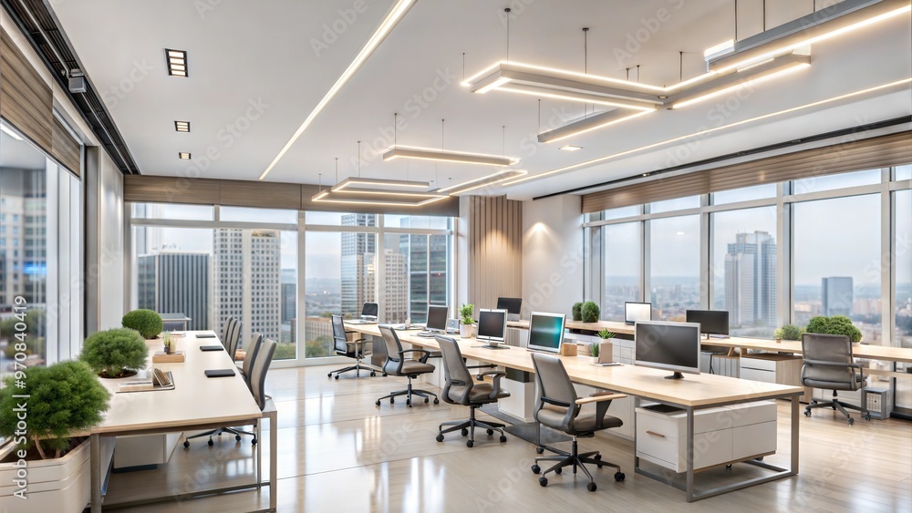 Fototapeta premium Contemporary office interior featuring modern desks, computer stations, and panoramic city views 