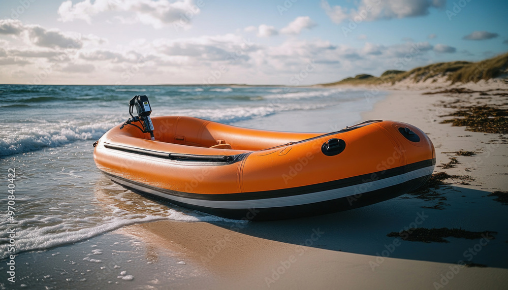 Orange inflatable motor boat resting on sandy beach Orange inflatable motor boat resting on sandy beach