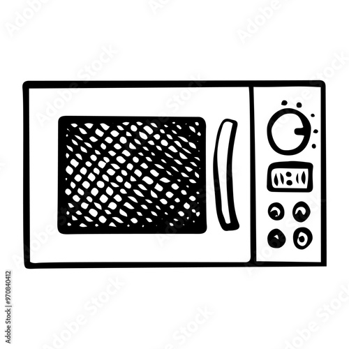 Microwave hand drawn doodle. Electric oven stove for heating food. Electrical appliance. Household appliance. Kitchen equipment. Cooking tool. Vector sketch line art illustration.