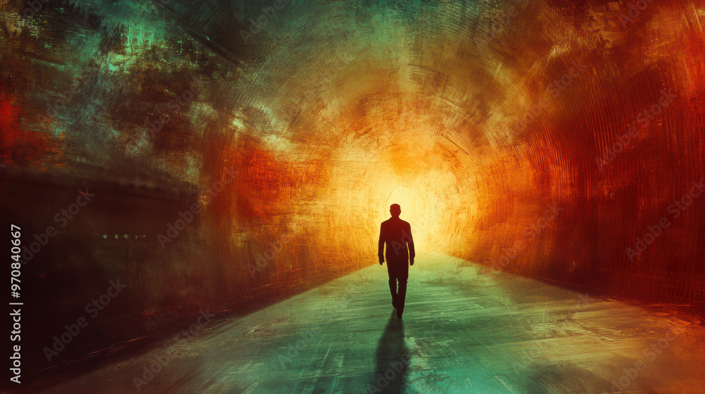 A solitary figure walks through vibrant tunnel, illuminated by warm hues of orange and red, creating sense of mystery and introspection A solitary figure walks through vibrant tunnel, illuminated by warm hues of orange and red, creating sense of mystery and introspection
