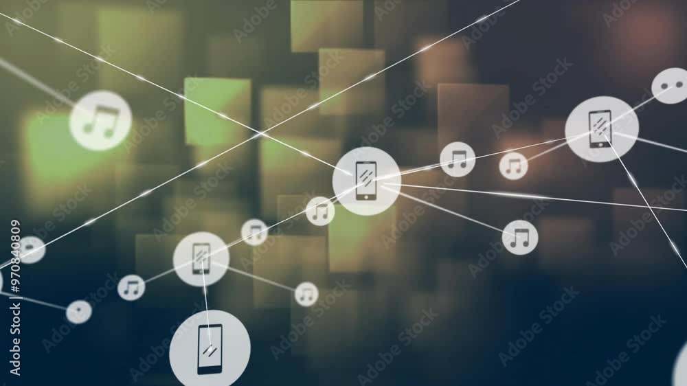 Network of connected devices and music icons animation over blurred background Network of connected devices and music icons animation over blurred background