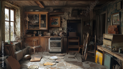 An abandoned kitchen filled with dust and clutter, showcasing vintage stove, wooden cabinets, and scattered debris. atmosphere evokes sense of nostalgia and decay