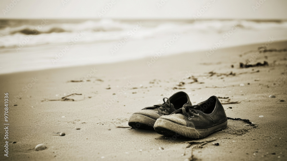 Worn out shoes resting on sandy beach, with gentle waves in background, evoke sense of nostalgia and tranquility. scene captures beauty of nature and passage of time Worn out shoes resting on sandy beach, with gentle waves in background, evoke sense of nostalgia and tranquility. scene captures beauty of nature and passage of time