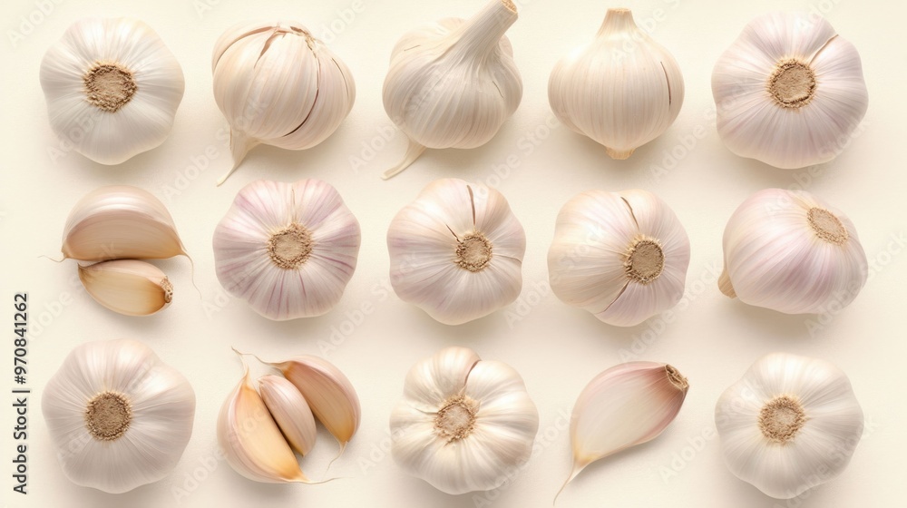 A row of garlic bulbs are shown in various stages of growth A row of garlic bulbs are shown in various stages of growth