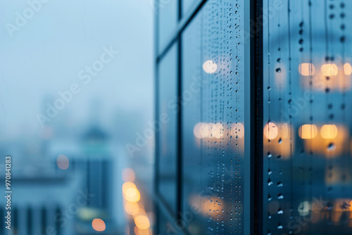 Twilight cityscape from high-rise office. Rain-kissed window of urban landscape transitioning to night, with twinkling city lights creating a soothing atmosphere as dusk settles over the metropolis.