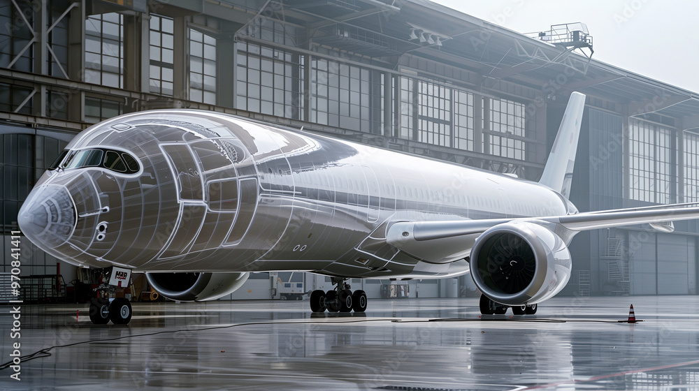 Transparent digital rendering of a commercial airplane in a hangar Transparent digital rendering of a commercial airplane in a hangar