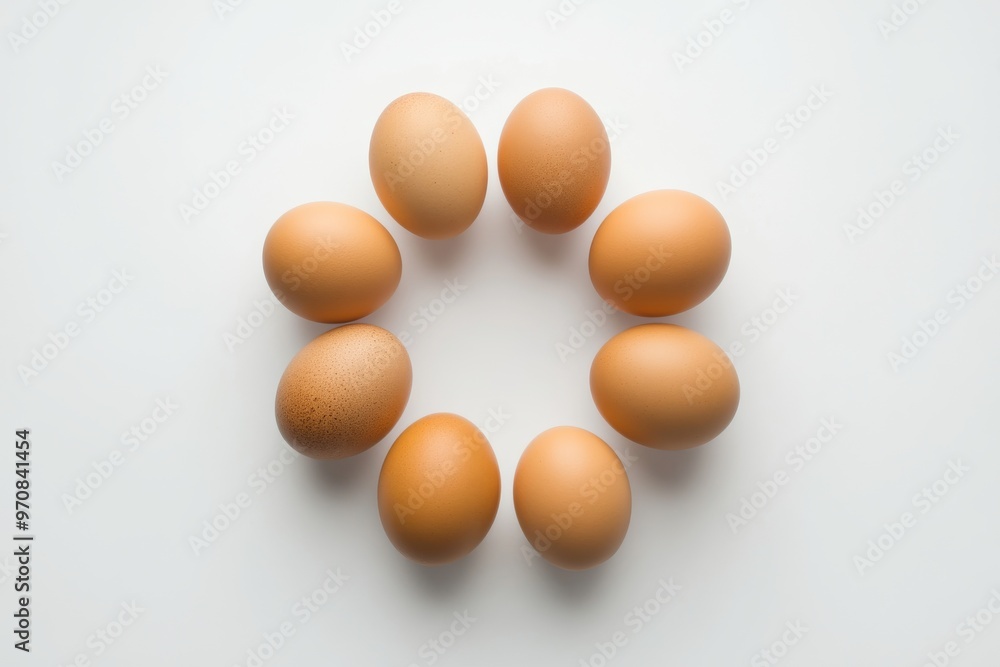 A group of five eggs arranged in a circle on white, A group of five eggs arranged in a circle on white,