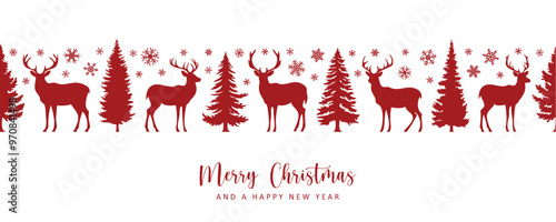 christmas greeting card with seamless deer and fir tree pattern vector illustration