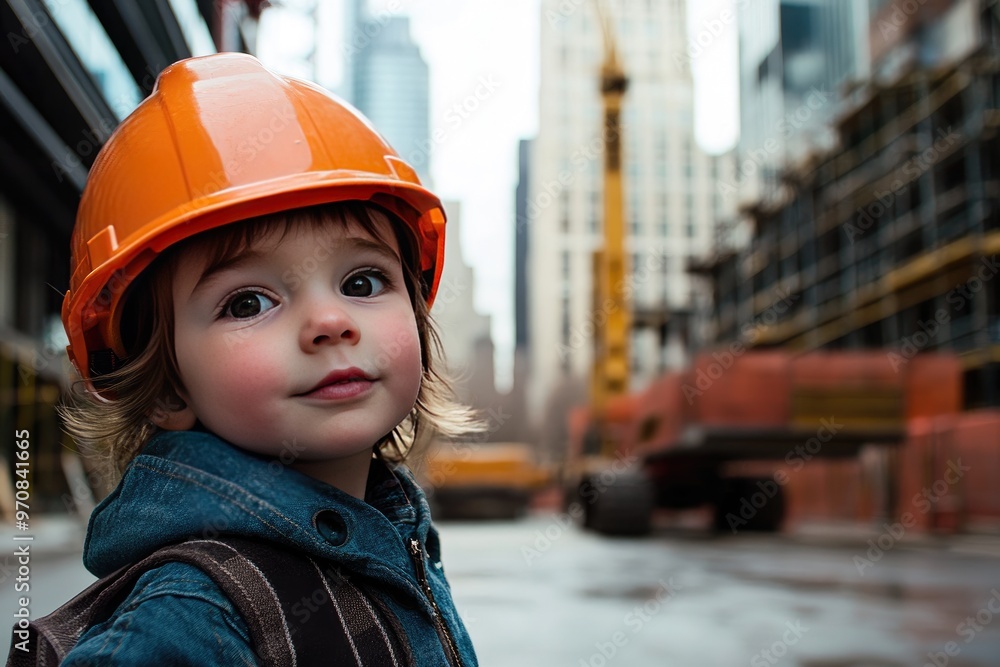 Young Child Wearing an Orange Hard Hat at a Construction Site Young Child Wearing an Orange Hard Hat at a Construction Site