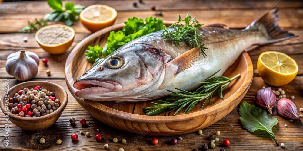 Fresh cod fish rests in a wooden bowl, infused with a blend of fragrant spices and herbs, on Fresh cod fish rests in a wooden bowl, infused with a blend of fragrant spices and herbs, on