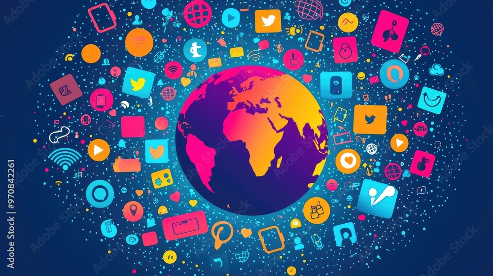 Obraz premium Social media icons connecting around planet earth illustration