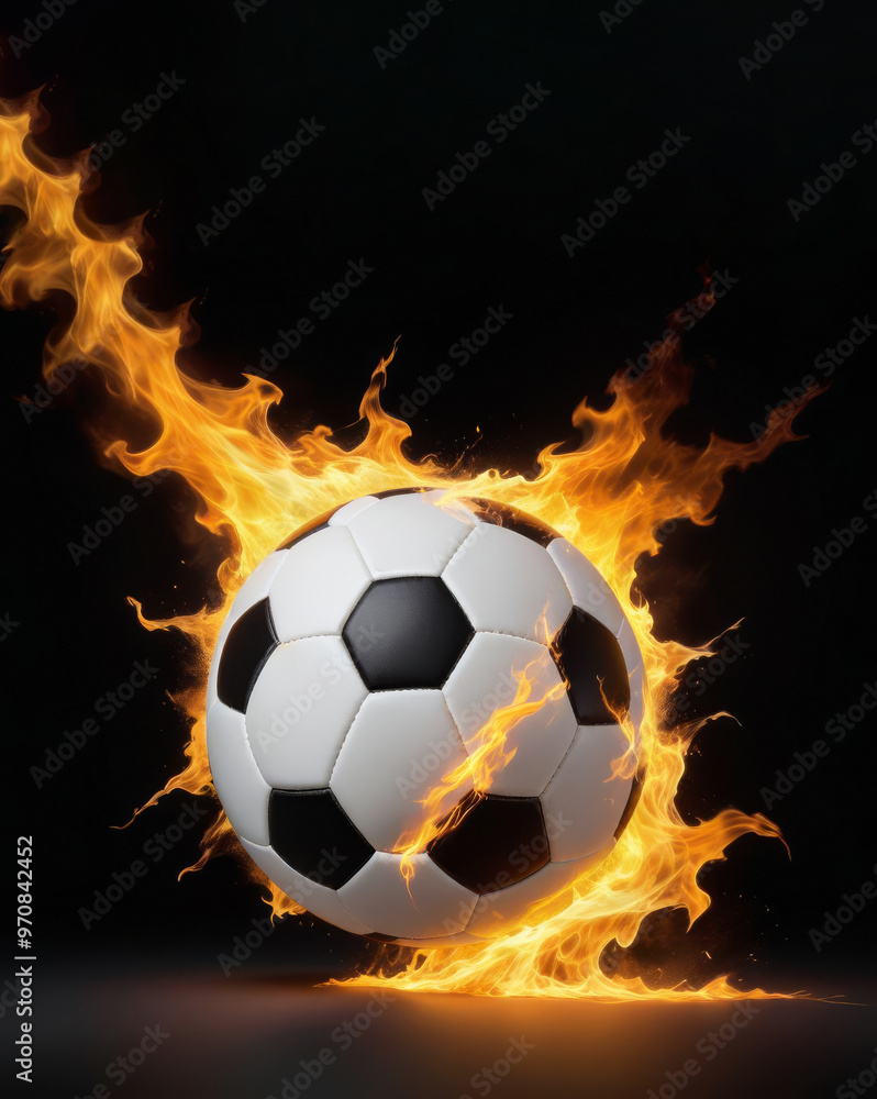 Fototapeta premium Soccer ball flying towards a goal and surrounded by fire