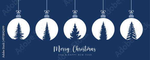 blue merry christmas card with hanging ball decoration with fir trees vector illustration