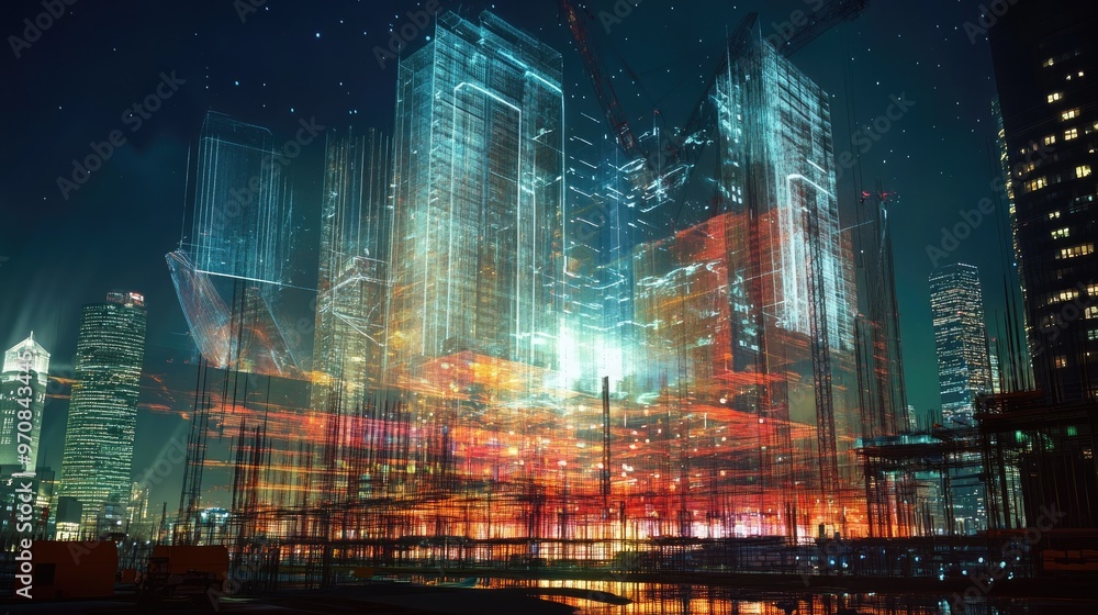 Fototapeta premium A futuristic city skyline with glowing digital lines and structures superimposed over a nighttime cityscape.