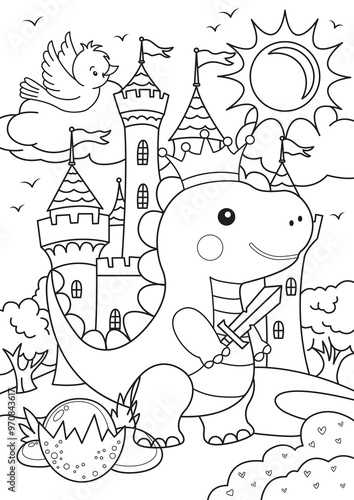 Coloring Page Outline Of Cartoon Dinosaur Fantasy Landscape With Castle