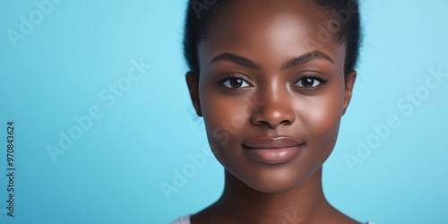 A studio close-up portrait of a young black woman wearing a casual t-shirt, with a colourful background.