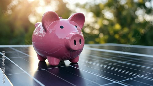 Pink piggy bank on solar panels with blurred trees in the background. Concept of saving money and renewable energy