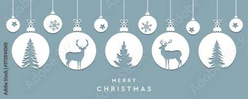 christmas greeting card with decorative christmas balls with reindeer vector illustration