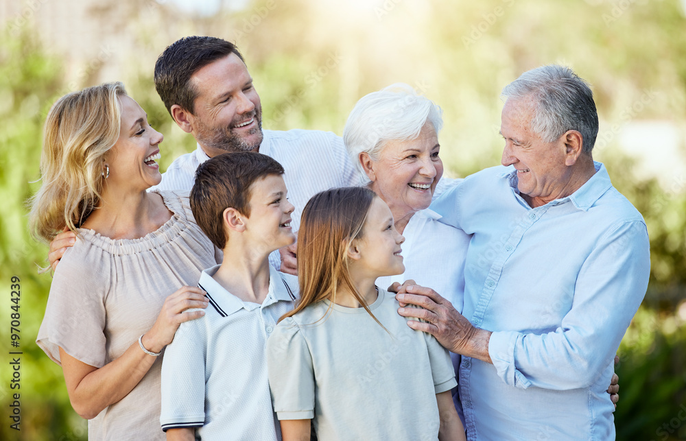 Smile, big family and generations outdoor on holiday together for funny conversation, bonding and love. Happy mother, father and children with grandparents, people and siblings laughing in nature Smile, big family and generations outdoor on holiday together for funny conversation, bonding and love. Happy mother, father and children with grandparents, people and siblings laughing in nature