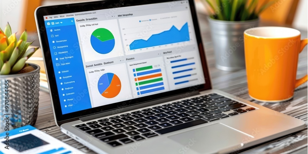 Data analysis dashboard displaying volume metrics on a laptop in a modern office setting Data analysis dashboard displaying volume metrics on a laptop in a modern office setting