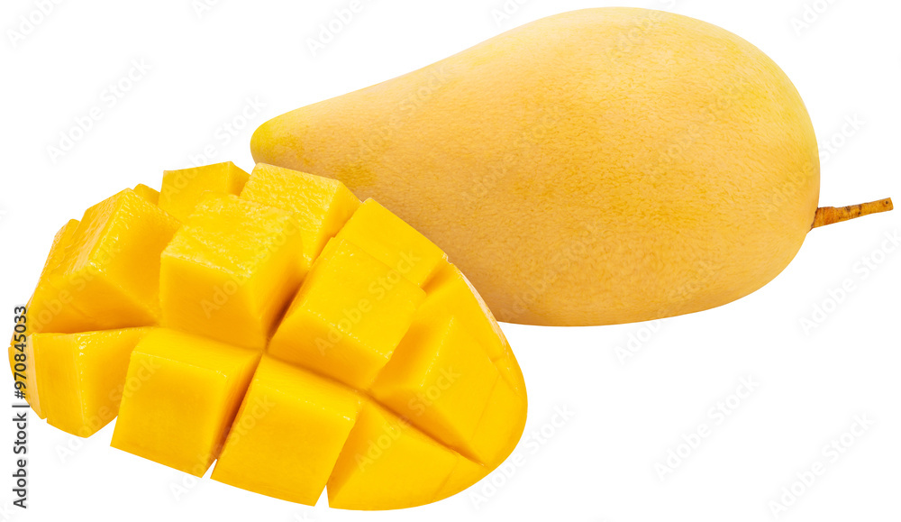 Yellow Mango cut into cubes on white background, Sweet Yellow Mango tropical fruit isolate on white PNG File.