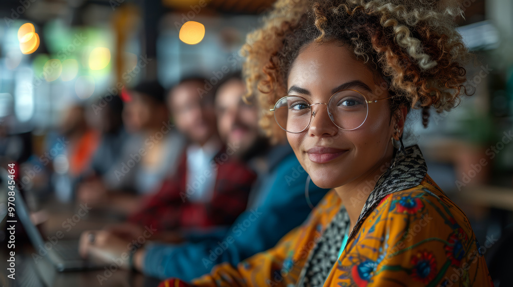 Creating vibrant atmosphere, young woman with curly hair and glasses smiles confidently in modern workspace filled with colleagues. background features blurred figures engaged in work, enhancing colla Creating vibrant atmosphere, young woman with curly hair and glasses smiles confidently in modern workspace filled with colleagues. background features blurred figures engaged in work, enhancing colla