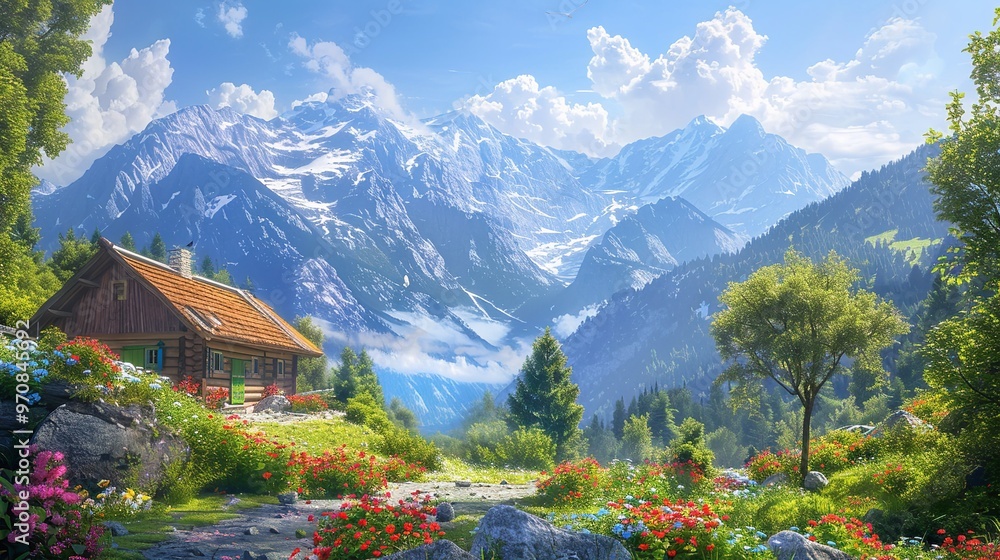 Naklejka premium Idyllic Countryside Summer Landscape with Wooden Old House