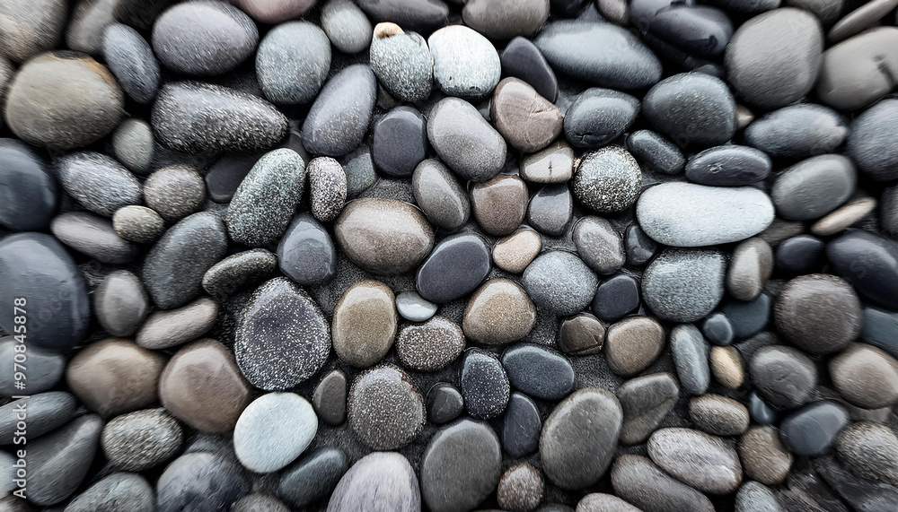 Smooth wet pebbles, texture background. Sea or ocean shore beach. Top view. Smooth wet pebbles, texture background. Sea or ocean shore beach. Top view.